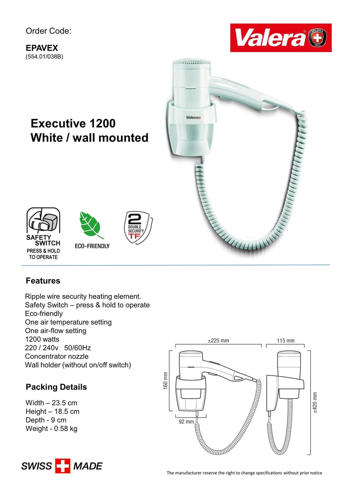 Valera Executive Wall Mounted Hair Dryer 1200W - EPAVEX - Hand Dryers UK™