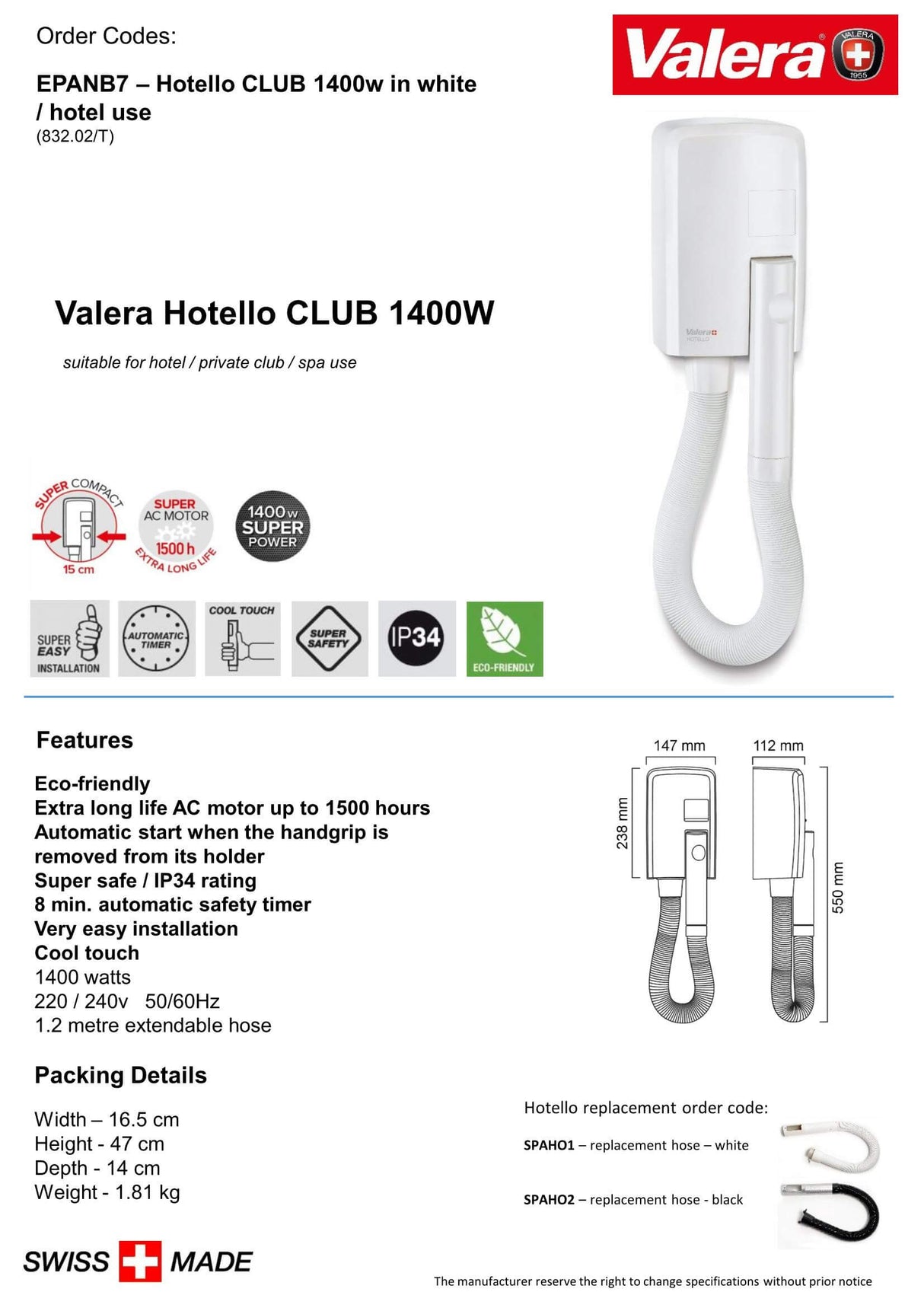 Valera Hotello Club IP34 Hair Dryer 1400W - EPANB7-B - Hand Dryers UK™