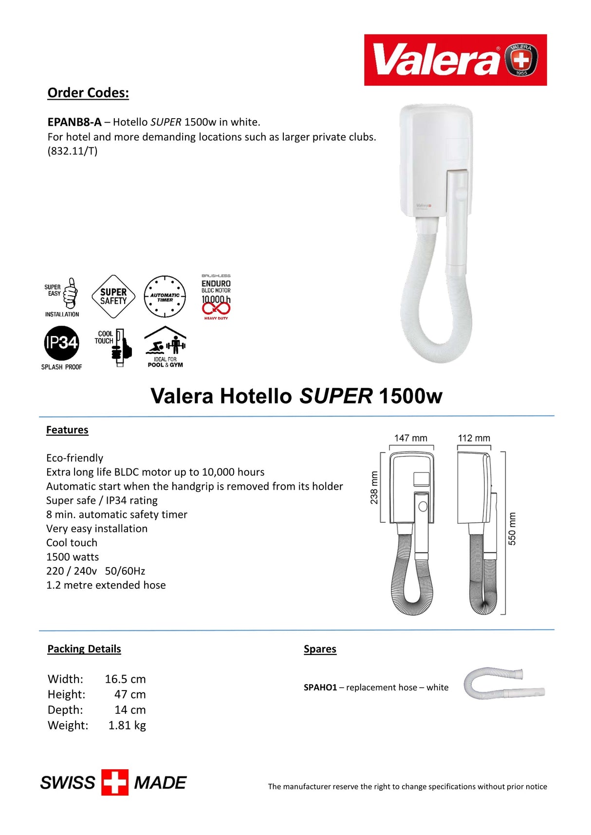 Valera Hotello Heavy Duty IP34 Hair Dryer 1500W - EPANB8-A